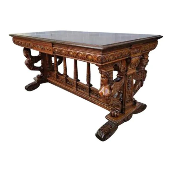 Renaissance Carved Wood Dining Table Antique Design