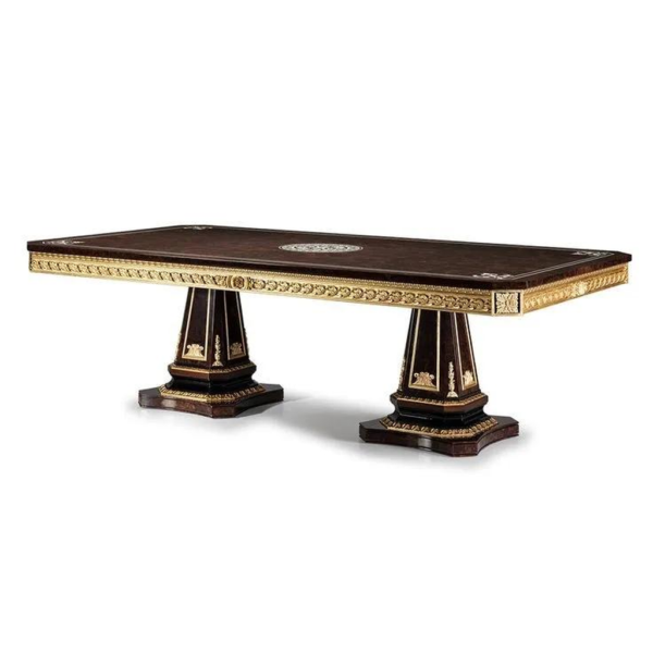 Neoclassical dining table with brown wood and gold accents