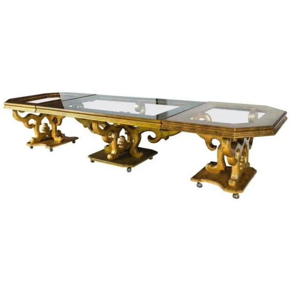 Antique Style Gold Dining Table with Glass Top
