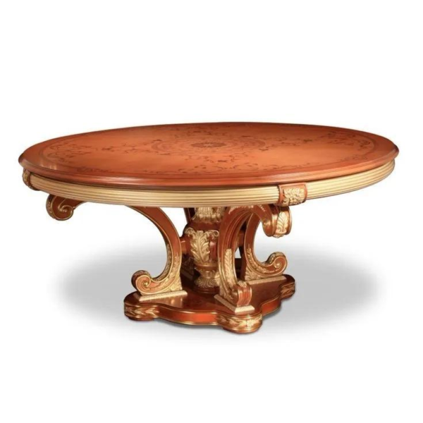 Antique style wood dining table with brown and gold finish