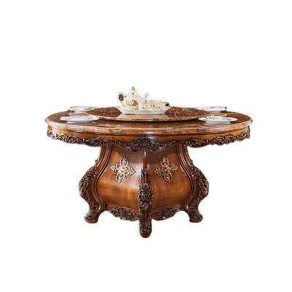 Classic brown wood dining table with marble top and intricate carvings