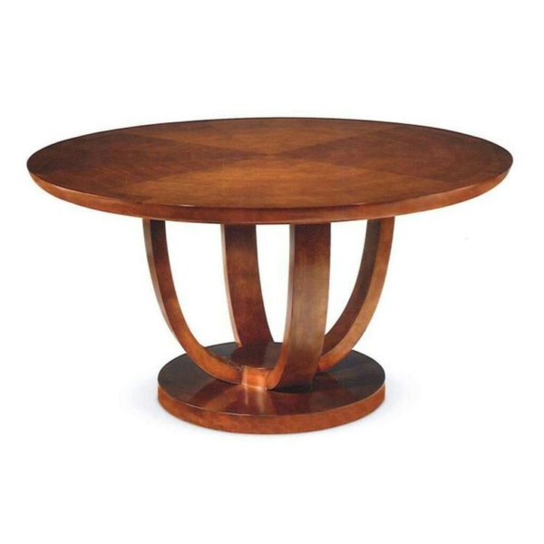 Modern round wood dining table with natural brown finish