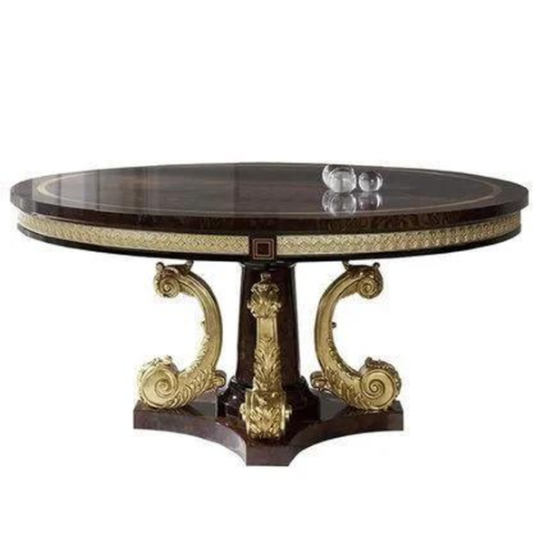 Antique Style Round Dining Table with Wood and Gold Accents