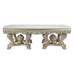 Classic beige carved wood dining table with glass top