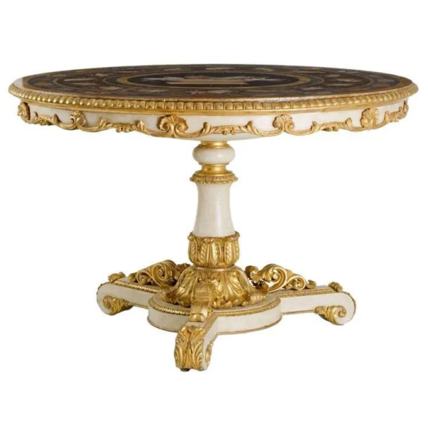 Antique style dining table, wooden dining table with gold accents, round dining table