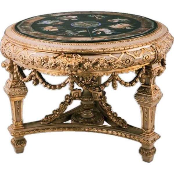 Victorian Era Ornate Dining Table Marble Top Gold Accents