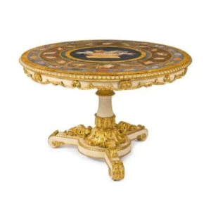 Neoclassical Marble Top Dining Table with Gold Accents