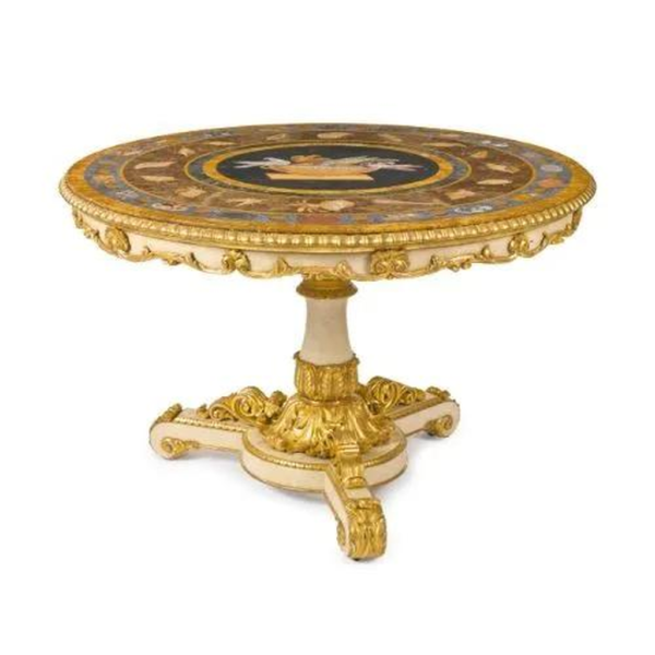 Neoclassical Marble Top Dining Table with Gold Accents