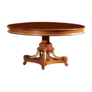 Antique style round dining table with brown wood finish