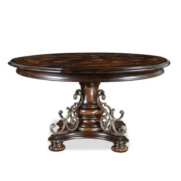 Vintage Round Wood Dining Table with Iron Base Daabadi Furniture