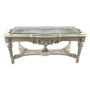 Antique Baroque Dining Table with Glass Top, White and Gold Wood Frame