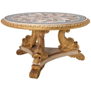 Renaissance Dining Table with Carved Wood Base and Marble Top