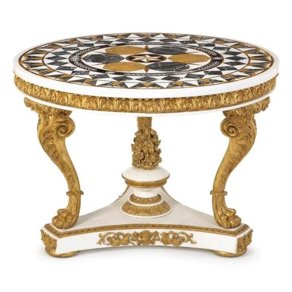 Victorian Era Round Dining Table Marble Gold Accent