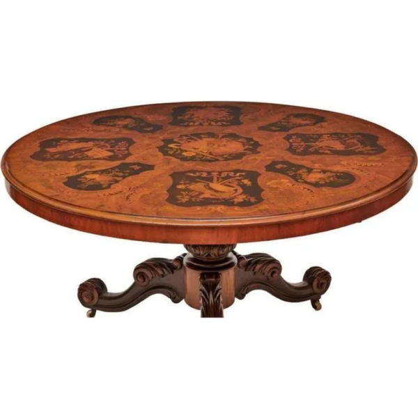 Antique Style Round Dining Table with Brown Wood Carved Design