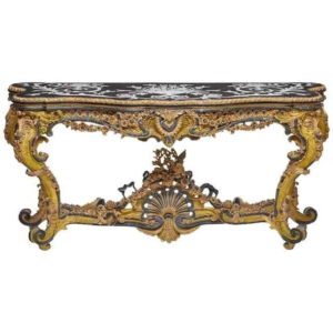 Rococo Dining Table, Gold Wood Carvings, Black Marble Top