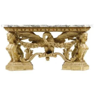 Rococo Console Dining Table with Marble Top Gold Accents