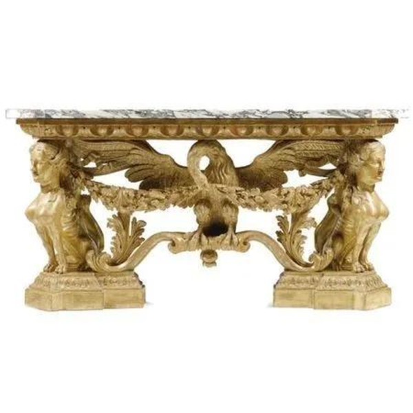 Rococo Console Dining Table with Marble Top Gold Accents