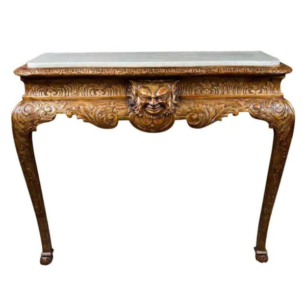 Baroque Style Marble Top Dining Table Gold Carved Wood