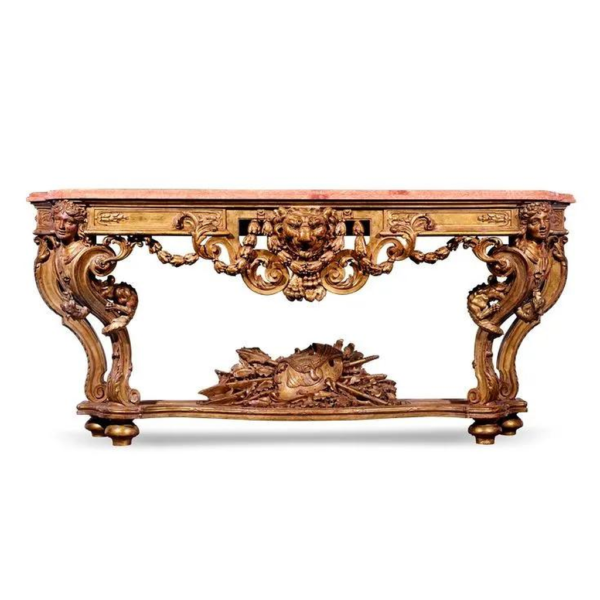 Baroque Dining Table with Gold Finish and Marble Top