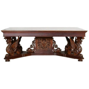 Antique Marble Top Dining Table with Carved Wood Base