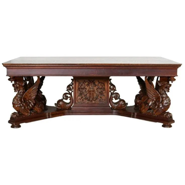Antique Marble Top Dining Table with Carved Wood Base