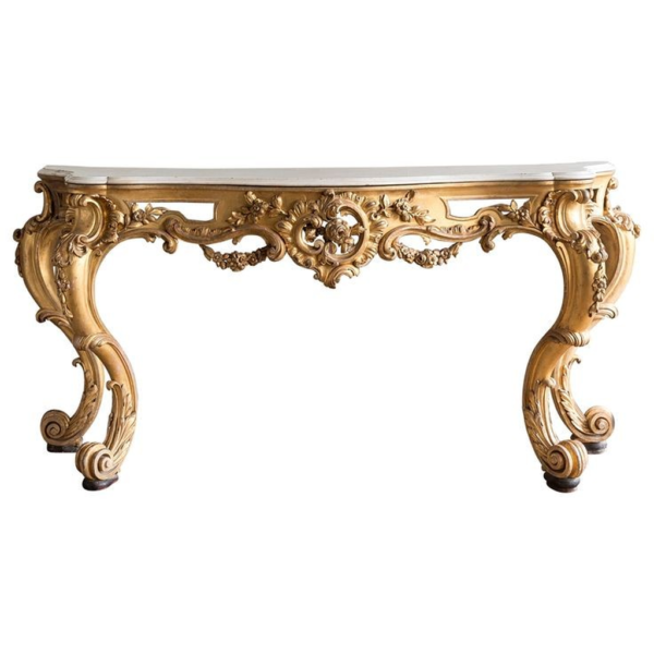 Antique Baroque Dining Table with Gold Finish and Marble Top