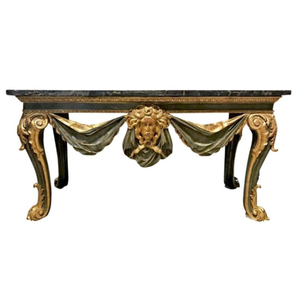 Neoclassical dining table with marble top and gold gilding