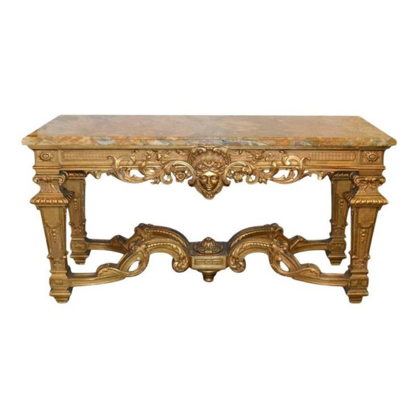Baroque style dining table with marble top and gold finish