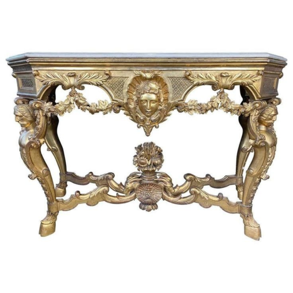Rococo Gilded Dining Table with Marble Top Antique Design