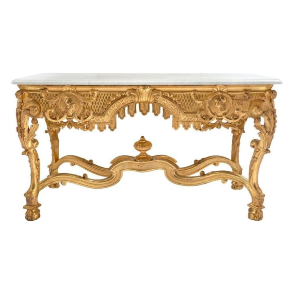 Baroque Dining Table with Marble Top and Gold Carved Design