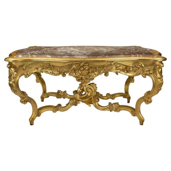 Baroque dining table with marble top and gold leaf gilding