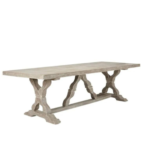 Rustic farmhouse dining table with light gray finish and cross legs