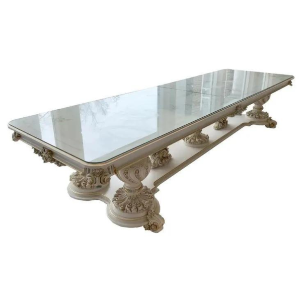 Baroque Dining Table Marble Top Cream Wood Frame