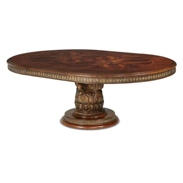 Classic brown wood dining table with carved base