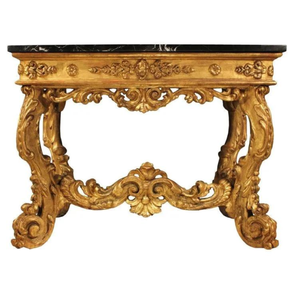 Baroque style dining table with gold gilding and marble top