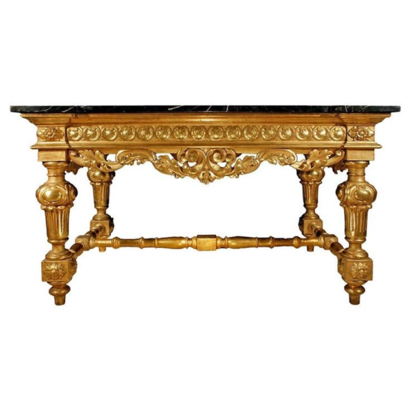 Baroque dining table with marble top and gilded wood frame