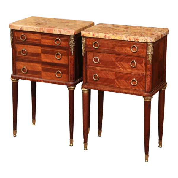 Elegant Neoclassical style nightstand with marble top and wood inlay.