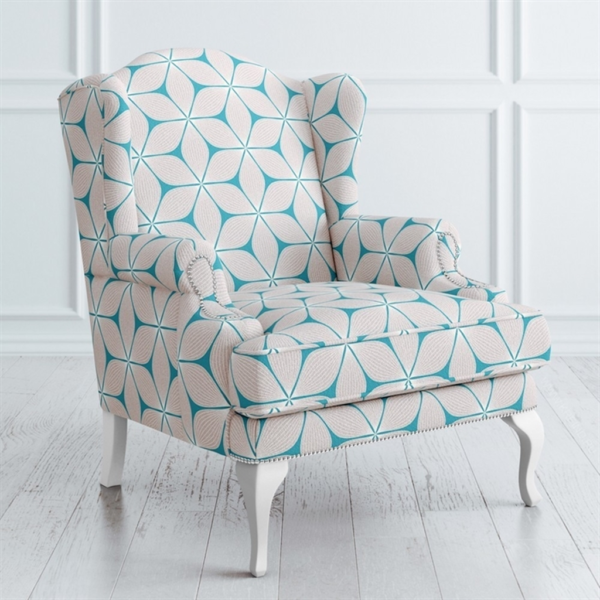 Beige and Teal Floral Pattern Wingback Sofa