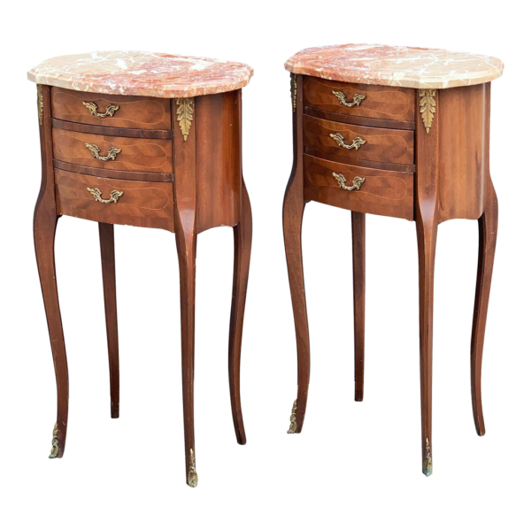 French Louis XV Brown Wood Marble Top Nightstand