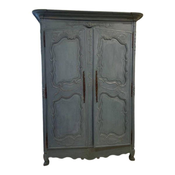 French Style Blue-Gray Wood Armoire with Hand Carved Details