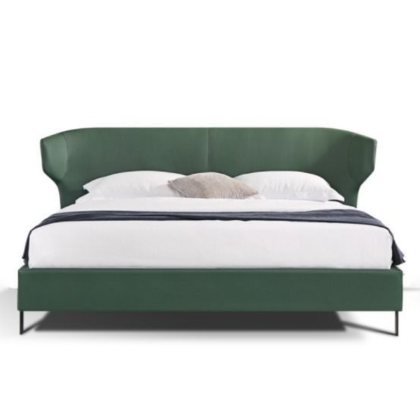 Green fabric upholstered bed with mid-century modern design