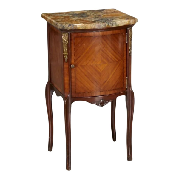 Louis XV Style Brown Wood Nightstand with Marble Top