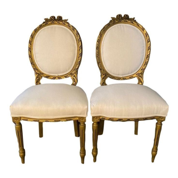 Louis XV Style Dining Chair with Beige Upholstery and Gold Frame