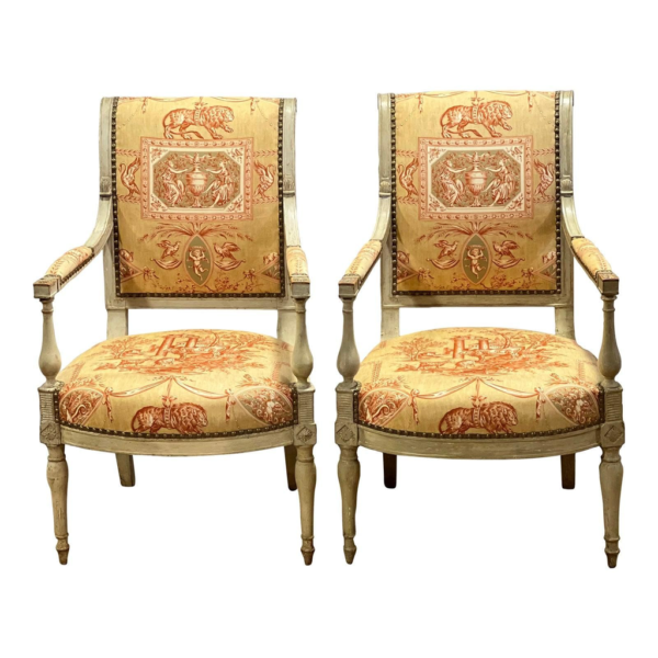 Louis XVI Dining Chair Wood Frame Beige and Red Upholstery