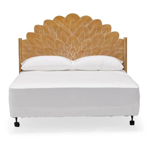 Mid-Century Carved Headboard Wood Bed