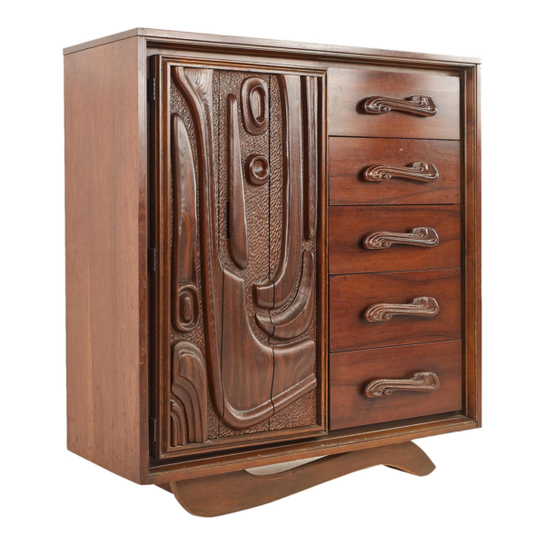 Mid-Century Modern Armoire with Carved Door