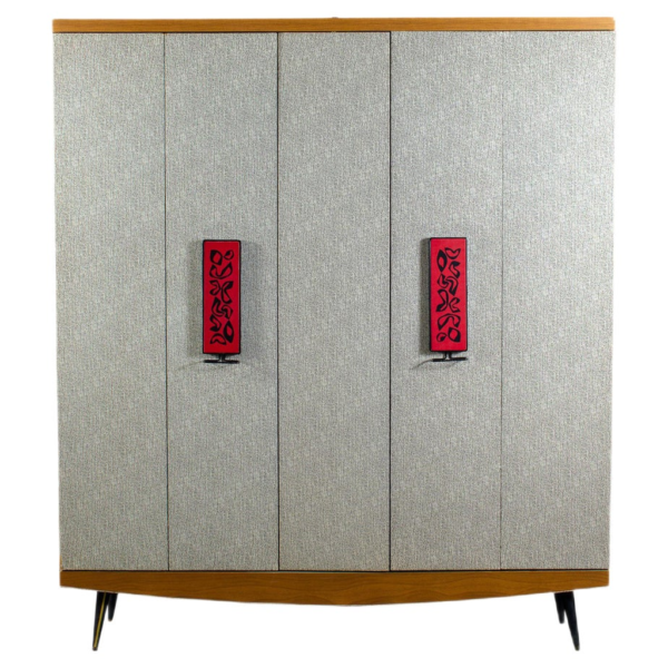 Mid-Century Modern Gray and Red Wooden Armoire