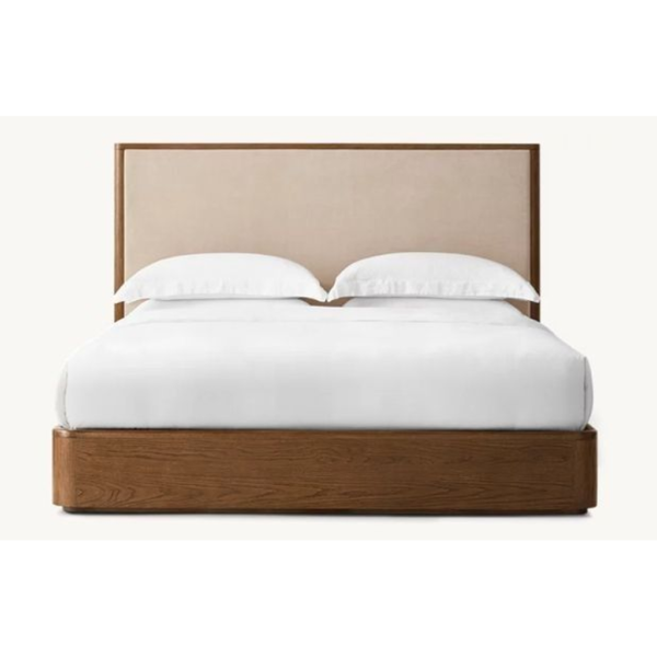 Mid Century Modern Bed Teak Wood Platform Beige Upholstery