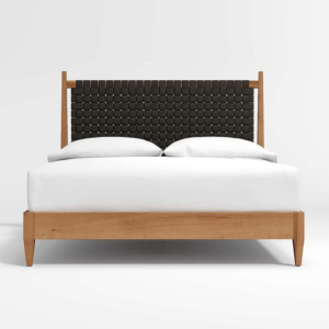 Mid-Century Modern Bed Teak Wood Woven Headboard