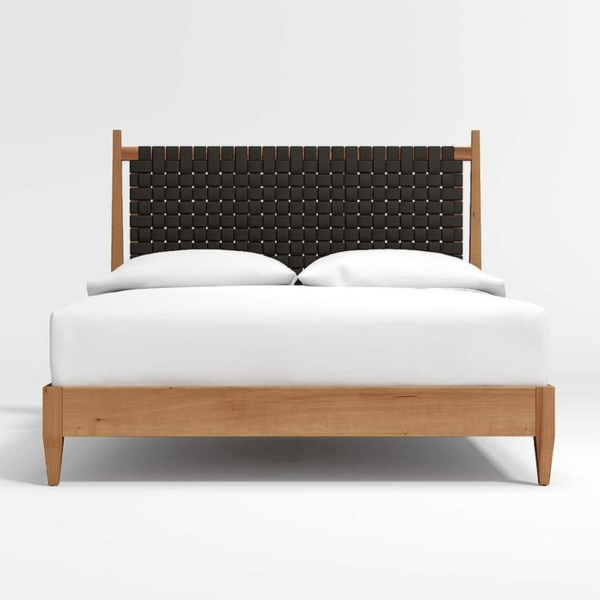 Mid-Century Modern Bed Teak Wood Woven Headboard